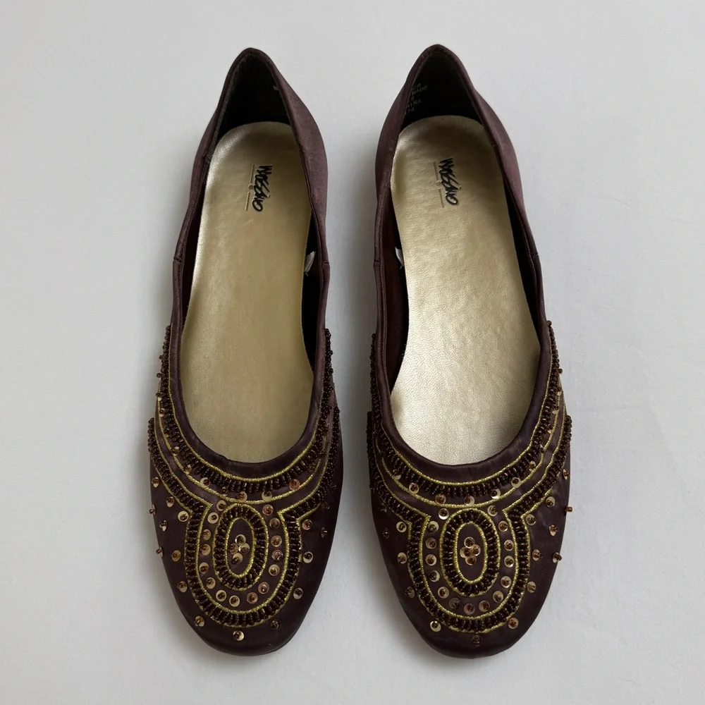 Vintage Y2K 90s Brown Embellished Sequined Slip On Flats Size 7.5 Whimsy Boho
